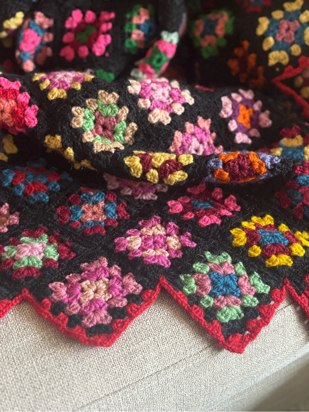 Vintage Granny Square Crochet Afghan Black Colorful Floral 54x69 Handmade